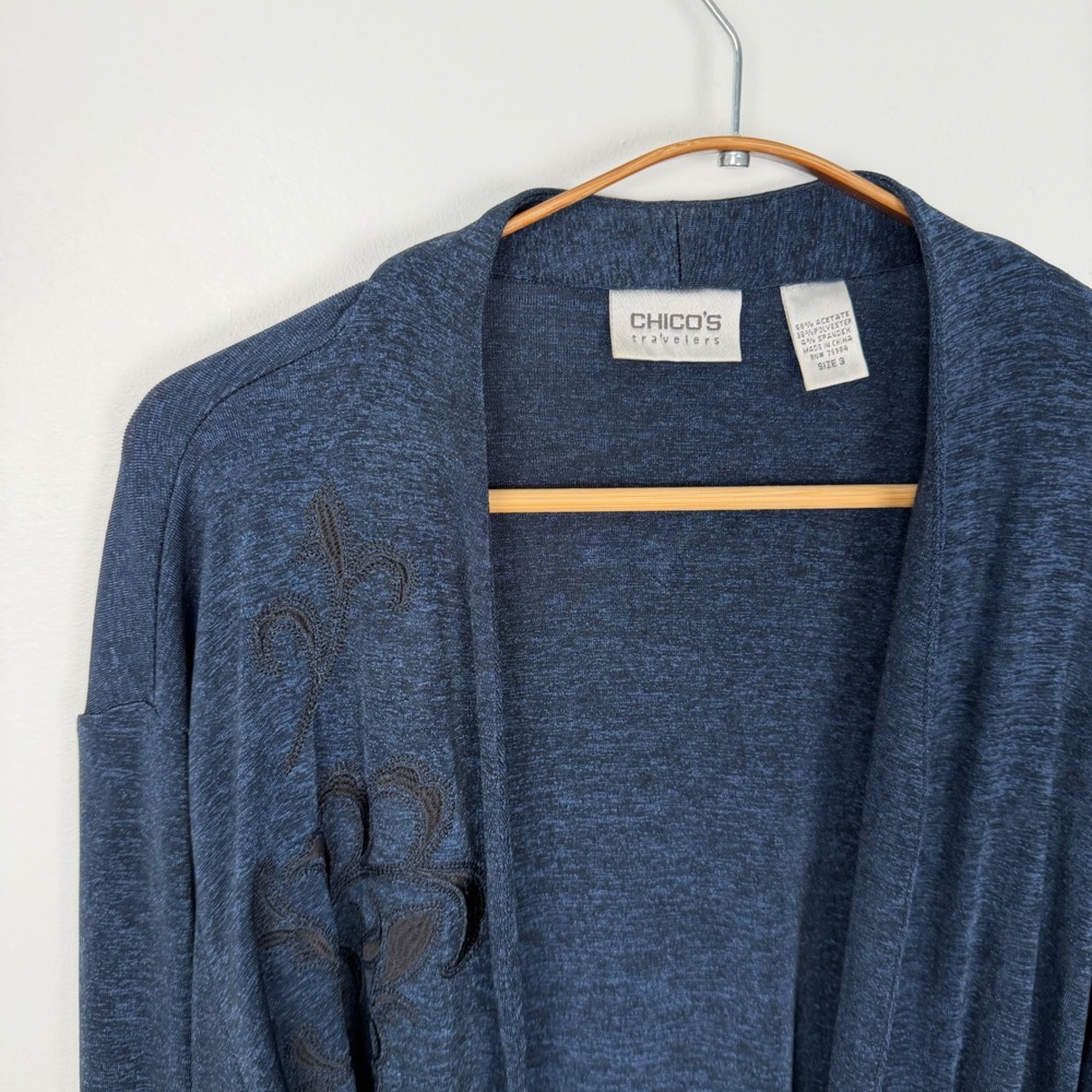 Chicos Travelers Navy Blue Heathered Embroidered Open Front Cardigan Size 3 XL